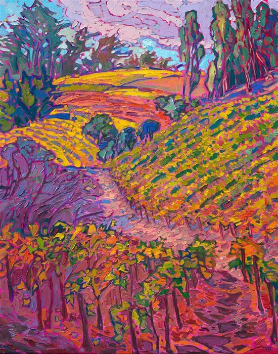 Vineyard landscape textured tapestry oil painting of wine country, by modern impressionist Erin Hanson