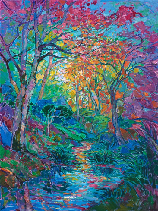 Japanese maple trees in an impressionistic garden landscape oil painting by master artist Erin Hanson.