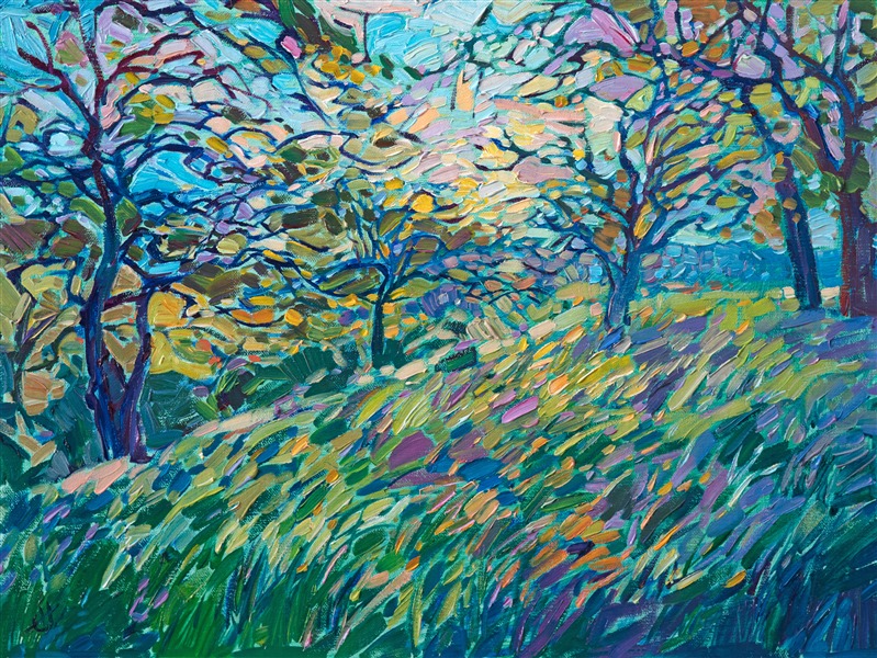 Viridian oaks painted in thick impasto oil paint, by modern impressionist Erin Hanson.