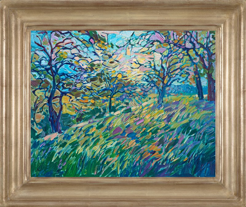 Viridian oaks painted in thick impasto oil paint, by modern impressionist Erin Hanson framed in a gold floater frame