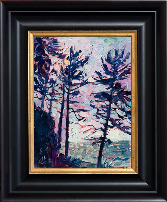 Small impressionistic oil painting of a Washington landscape framed in a black and gold frame 