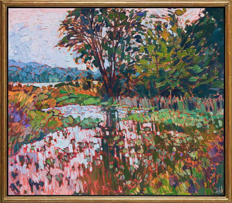 Impressionist oil painting of a colorful lake in the northwest by Erin Hanson framed in a gold floater frame