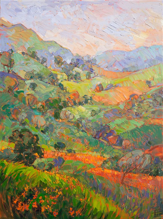 Wildflower covered hills in Paso Robles, painted in impressionist style by Erin Hanson