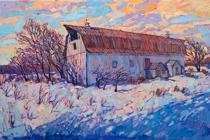 Winter barn painting of snow, by American impressionist Erin Hanson