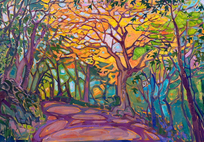 Yellow maple tree original impressionism expressionist oil painting landscape of fall colors, by Erin Hanson.
