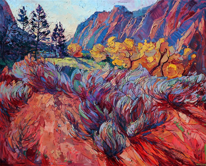 Zion National Park, powerful and vibrant oil painting by Erin Hanson