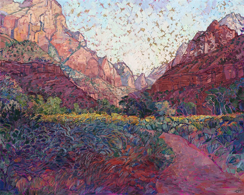 Zion Utah landscape oil painting on 24kt gold leaf, by modern impressionist Erin Hanson.