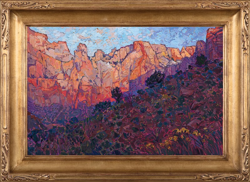 Beautiful oil painting of Zion National Park by contemporary impressionist artist Erin Hanson framed in a gold frame