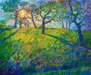 Landscape oil painting of Paso Robles hills with sunlight streaming through the trees, by impressionist artist Erin Hanson Landscape oil painting of Paso Robles hills with sunlight streaming through the trees, by impressionist artist Erin Hanson