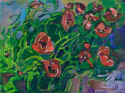 Small 9x12 impressionism oil painting of poppies, by Erin Hanson