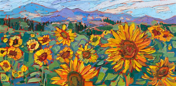 "Sunflower Fields" original oil painting and prints for sale at The Erin Hanson Gallery, McMinnville, Oregon. Painting Sunflower Fields