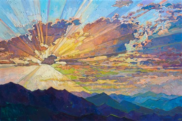 Dramatic sunset colored rays of light impressionist painting by Erin Hanson. Dramatic sunset colored rays of light impressionist painting by Erin Hanson.