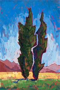 Impressionist oil painting of Paso Robles with two cypress trees against a vivid blue sky by California artist Erin Hanson