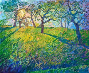 Landscape oil painting of Paso Robles hills with sunlight streaming through the trees, by impressionist artist Erin Hanson Landscape oil painting of Paso Robles hills with sunlight streaming through the trees, by impressionist artist Erin Hanson