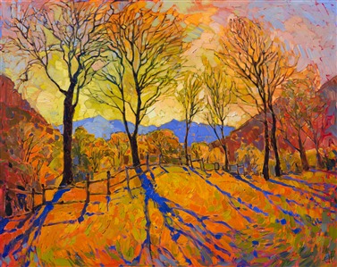 Crystal Light series oil painting dramatic landscape with tree shadows, by Erin Hanson. Painting Crystal Dawn