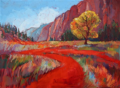 Zion National Park vivid American impressionism painting of abstracted landscape shapes, by Erin Hanson