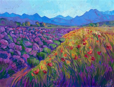 Impressionist oil painting of the lavender fields in Sequim Washington by California artist Erin Hanson