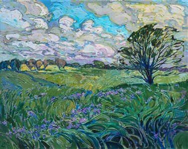 Texas hill country landscape of wildflowers in spring, by American impressionist Erin Hanson. Painting Fields of Light