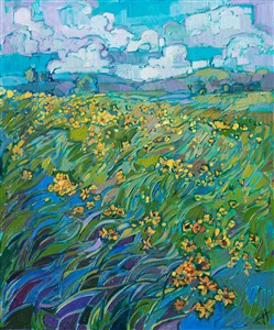 Texas hill country wildflower oil painting for sale by contemporary impressionism painter Erin Hanson Painting Cascade of Gold