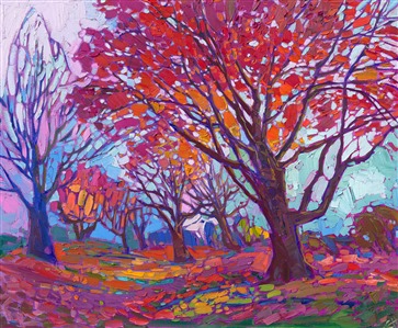 Northwest maple tree fall colorful oil painting by modern impressionism painter Erin Hanson
