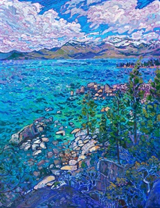 Lake Tahoe painting impressionist artwork in blues and greens, by Erin Hanson Painting Alpine Tahoe