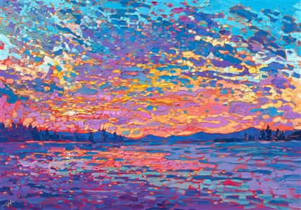 Impasto pointillism contemporary impressionist oil painting of colorful sunset, by Erin Hanson. Painting Dappled Sunset