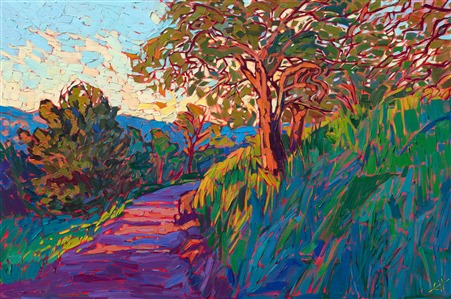 Colorful impressionism oil painting by living artist and impressionist Erin Hanson. Painting Oaken Road