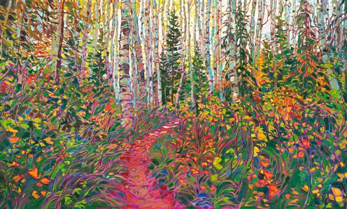 Aspen and pine tree landscape oil painting by modern master impressionist Erin Hanson