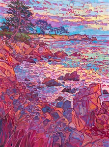 Monterey cypress tree coastal oil painting in a contemporary gold floater frame, by modern impressionist artist Erin Hanson. Monterey cypress tree coastal oil painting in a contemporary gold floater frame, by modern impressionist artist Erin Hanson.