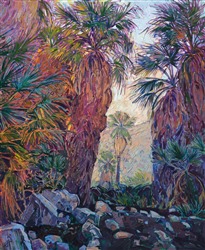 Indian Canyon palm oasis landscape oil painting of Palm Springs desert. Indian Canyon palm oasis landscape oil painting of Palm Springs desert.