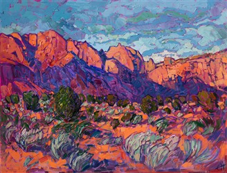 Kayenta Utah landscape oil painting of red rock cliffs, by expressionist oil painter Erin Hanson. Kayenta Utah landscape oil painting of red rock cliffs, by expressionist oil painter Erin Hanson.