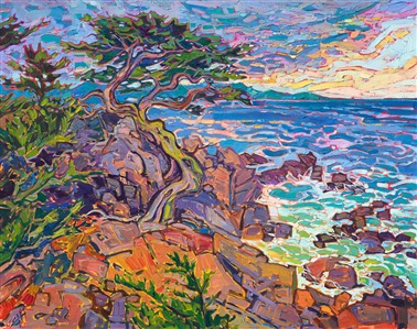 Carmel cypress tree coastal painting California impressionism landscape for sale by The Erin Hanson Gallery in Carmel-by-the-Sea Painting Cypress Cliff