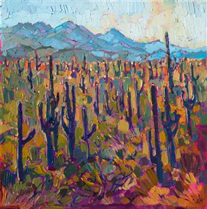 Arizona Saguaro Forest, 12x12 original oil painting for sale.
