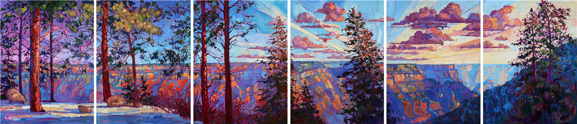 Magnificent panoramic view of the Grand Canyon North Rim in undulating light, as captured by impressionistic artist Erin Hanson Painting North Rim Hexaptych