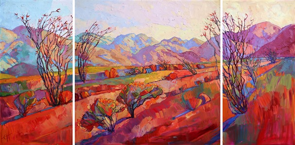 Large desertscape oil painting of Borrego Springs, by expressionism painter Erin Hanson Painting Ocotillo Triptych
