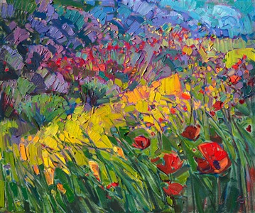 Poppies and lavender landscape painting in oil, by Erin Hanson