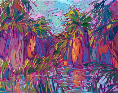 Palm Oasis landscape oil painting by modern impressionist Erin Hanson.