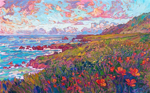 Coastal poppies original oil painting of California coastline, by modern impressionist Erin Hanson Coastal poppies original oil painting of California coastline, by modern impressionist Erin Hanson