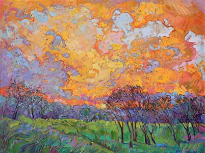 Sunset Burst, original oil painting of Paso Robles with a dramatic sky, by contemporary painter Erin Hanson