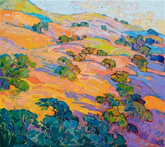 Napa Valley landscape oil painting of rolling hills, by Open Impressionism creator and artist Erin Hanson. Painting Hills at Dawn