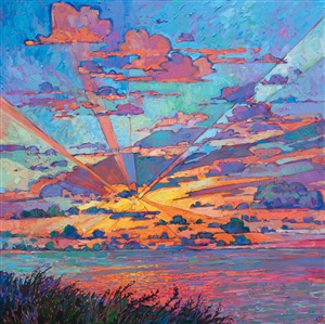 Radiant light streaks from this dramatic cloudscape by modern impressionist Erin Hanson Radiant light streaks from this dramatic cloudscape by modern impressionist Erin Hanson