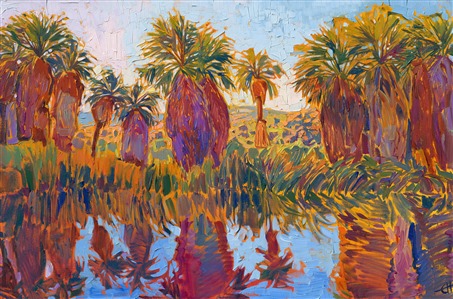 Coachella Thousand Palms Oasis orignal oil painting desert landscape by Erin Hanson Painting Reflected Palms