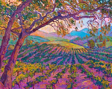 Paso Robles vineyard California wine country oil painting landscape, by modern impressionist Erin Hanson. Painting Vines at Dawn