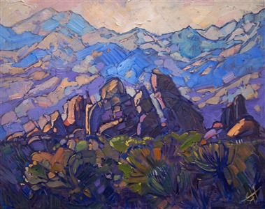 Joshua Tree rocks and blue mountains, painted in oils by California impressionist Erin Hanson
