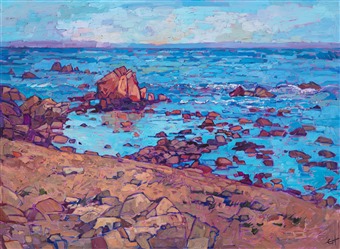 Original impressionistic oil painting of Monterey's iconic oceanside view by contemporary artist, Erin Hanson. Original impressionistic oil painting of Monterey's iconic oceanside view by contemporary artist, Erin Hanson.