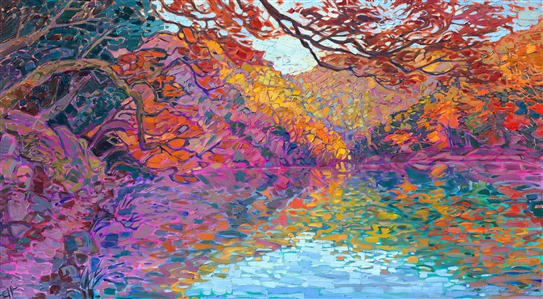 Kyoto Japan Japanese maple tree oil painting for sale by Erin Hanson. Painting Kyoto Reflections