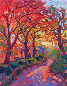 Japanese maple tree landscape oil painting and 3D Textured Replica prints for sale from The Erin Hanson Gallery. Painting Maple Walk