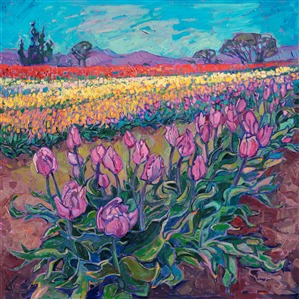 Oregon tulip fields orignal oil painting for sale by artist Erin Hanson Oregon tulip fields orignal oil painting for sale by artist Erin Hanson