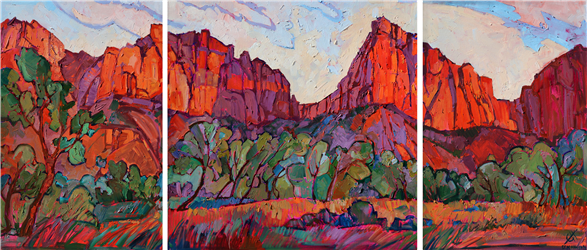 Zion National Park large triptych oil painting for sale, by Erin Hanson Painting Triptych in Harmony