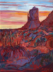 Monument Valley landscape with sunset light casting warm hues over red rocks by impressionist artist Erin Hanson Monument Valley landscape with sunset light casting warm hues over red rocks by impressionist artist Erin Hanson